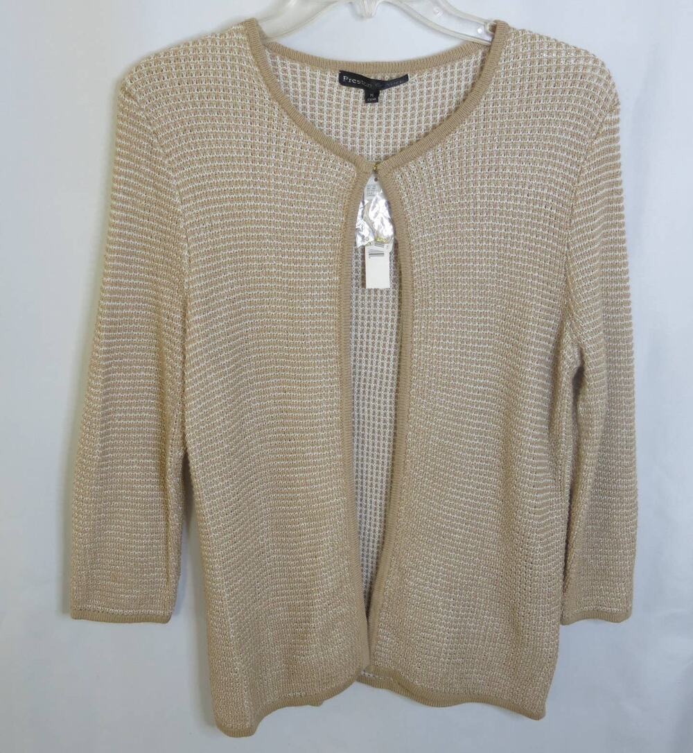 PRESTON and YORK *NWT* Cardigan Open Front Size M Women's Tan/White/Gold